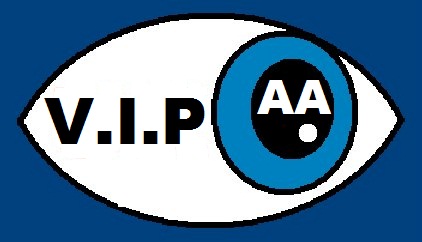 Samplitude Access logo: A white eye surrounded by a blue square. The letter's VIP are in black to the left of the blue pupil and the letter's AA are in white within the pupil.