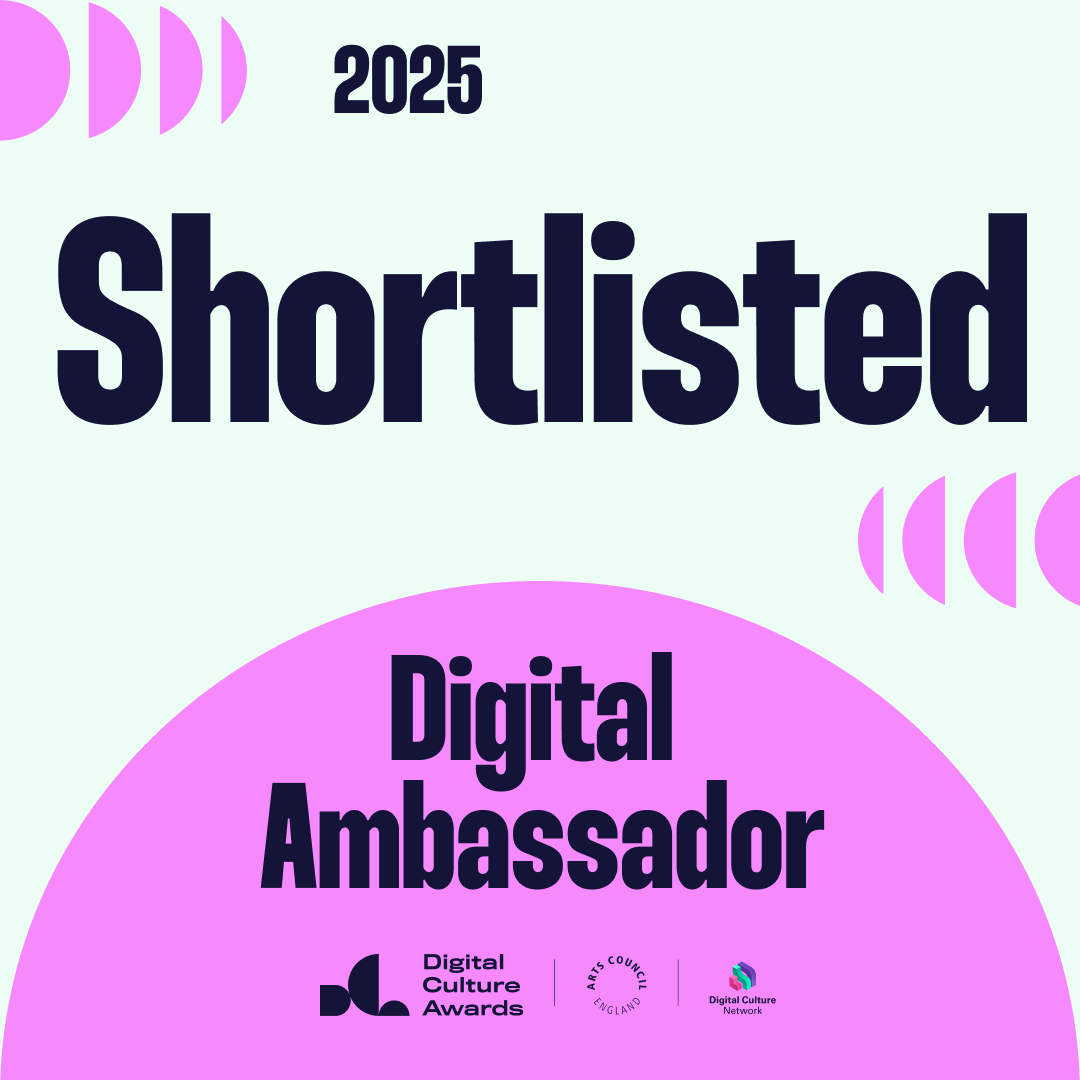 The image features the text "2025 Shortlisted" prominently in bold letters. Below, in a pink semicircle, it says "Digital Ambassador." Logos for "Digital Culture Awards," "Arts Council England," and "Digital Culture Network" are at the bottom. The background is light with a few pink circle designs on the edges.